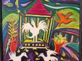 peinture représentant une peinture d'un oiseau en cage posé sur une table