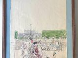 painting of a woman and child walking on a sidewalk in front of the eiffel tower