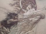 a drawing of a woman riding a horse next to a bear