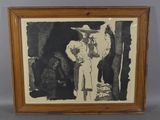un dessin en noir et blanc représentant un homme en tenue de cow-boy