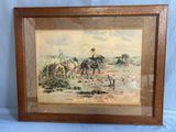 painting of a man riding a horse on a beach next to a man on a horse