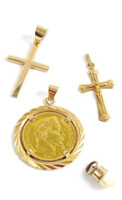 two gold crosses, a gold coin, and a gold cross