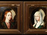 two framed portraits of a woman and a man with a veil