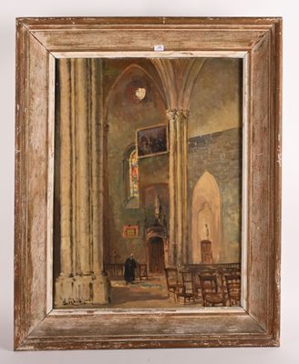 une peinture à l'huile représentant une église avec un homme assis sur les bancs