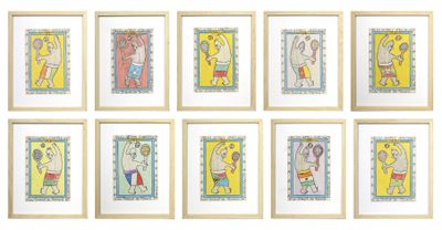 six framed pictures of children ' s drawings on a white wall