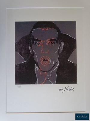 tableau représentant un homme en costume noir avec une cravate rouge