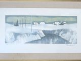 tableau encadré représentant une scène hivernale avec des maisons et un ruisseau