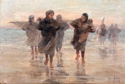 tableau représentant un groupe de personnes marchant sur une plage, avec un bateau en arrière-plan