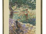 painting of a woman and child in a garden by a stone wall