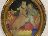 une image représentant un tableau où l'on voit une femme et un enfant assis sur un canapé rouge