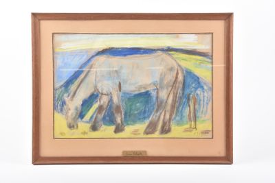 painting of a white horse grazing in a field with a sky background