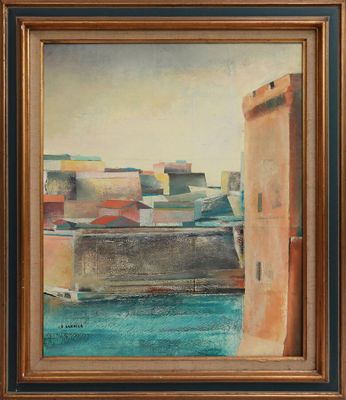 un tableau représentant une vue de ville avec un bateau sur l'eau