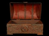 an old wooden box with a lock on it