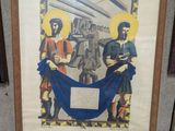 une image représentant un tableau encadré sur lequel figurent deux hommes tenant un drapeau bleu