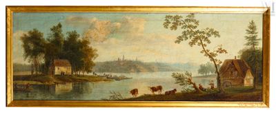 an image of a painting of a river scene with a house and cows in the foreground