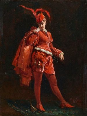 portrait d'une femme en robe rouge et cape rouge