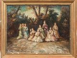 une peinture à l'huile représentant un groupe de femmes assises dans un bosquet