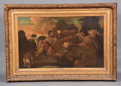 an oil painting of a group of men and animals in a landscape
