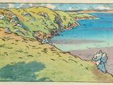 un dessin représentant un homme et une femme assis sur une colline au bord de l'eau