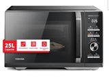 the microwave is black and has a red sticker on it