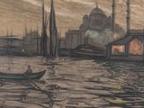 un dessin représentant un homme dans un bateau sur l'eau