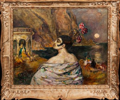 une peinture à l'huile représentant une femme avec des fleurs dans les cheveux, sur fond de montagne
