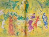 an open book with a drawing of a group of people in a field