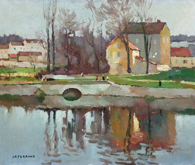 painting of a painting of a house and a bridge over a body of water
