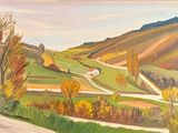 une peinture représentant un paysage rural avec une route au premier plan