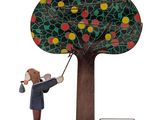 figurine en bois représentant un homme avec un pommier, posée sur un socle
