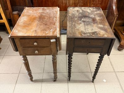 two wooden tables that are sitting on a tile floor