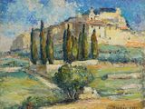 une peinture à l'huile représentant une maison sur une colline, avec des arbres au premier plan