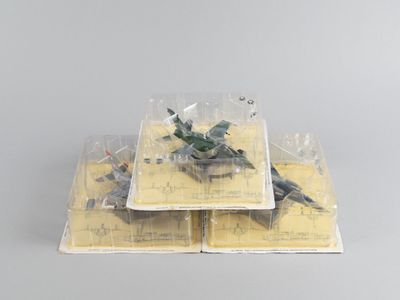 une petite maquette de char dans un récipient en plastique