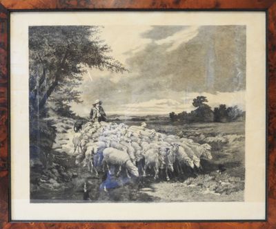 painting of a man herding a flock of sheep in a field