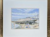 aquarelle encadrée représentant une scène de plage avec des personnes sur le sable