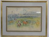 peinture d'une course de chevaux avec des jockeys et des chevaux en arrière-plan