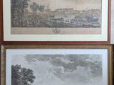 deux reproductions encadrées représentant une vue d'une ville et d'une rivière