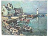 an oil painting of boats in a harbor with a lighthouse in the background