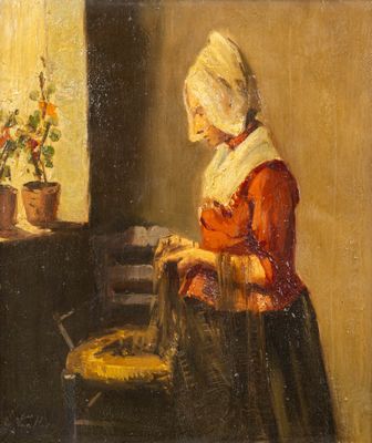 une peinture à l'huile représentant une femme en train de laver une plante en pot devant une fenêtre