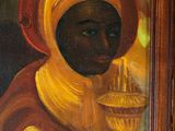 an oil painting of a woman holding a lit candle in her hand