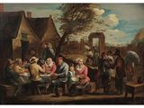 une peinture à l'huile représentant un groupe de personnes assises autour d'une table