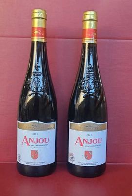 two bottles of wine sitting on top of a red table