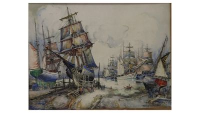 une image représentant une peinture d'une scène portuaire avec des bateaux sur l'eau