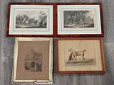 trois gravures encadrées représentant des chevaux et un homme avec un cheval