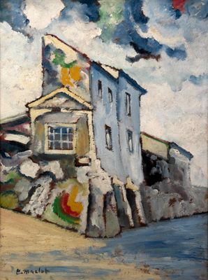 an oil painting of a building with a flag on top of it