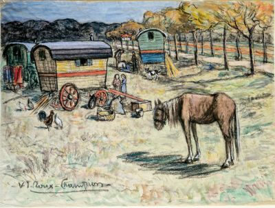 dessin représentant un cheval debout dans un champ, à côté d'un chariot