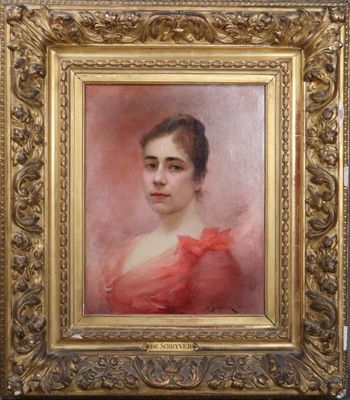 portrait of a woman in a red dress in a gold frame