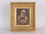 an old picture of a little girl eating a meal in front of a white background