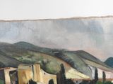 painting of a view of a village with a church in the distance