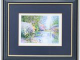 a painting of a pond with trees and bushes in the background